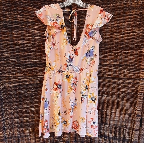 Kenedik Dress Large Pink Floral Ruffle Mini Flutter Sleeves Fairy Cottagecore - Picture 2 of 5